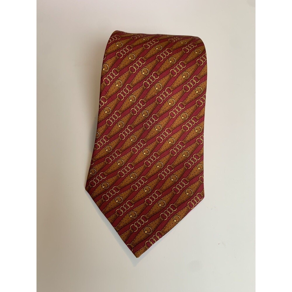 Vintage Celine Paris Silk Tie Burgundy Gold Geometric Novelty Motifs Spirals
